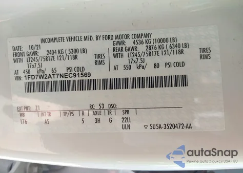 2022 Ford F250 Super Duty from USA, damaged, VIN 1FD7W2AT7NEC91569